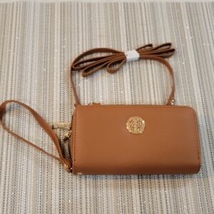 New Rebecca Cognac Gold Tone Medallian Wallet Wristlet Crossbody Strap